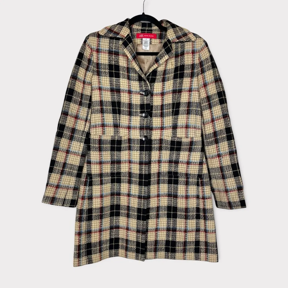 Anne Klein Tweed Wool Blend Plaid Coat Jacket Small Preppy Retro Academia Grunge